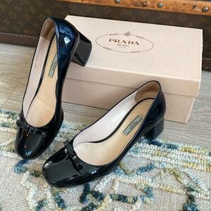 Prada Black Patent Leather Block Heels w Mini Bow